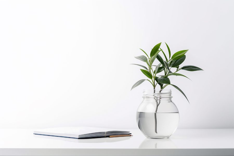 A small glass jar with a green plant beside a notebook and pen on a white desk