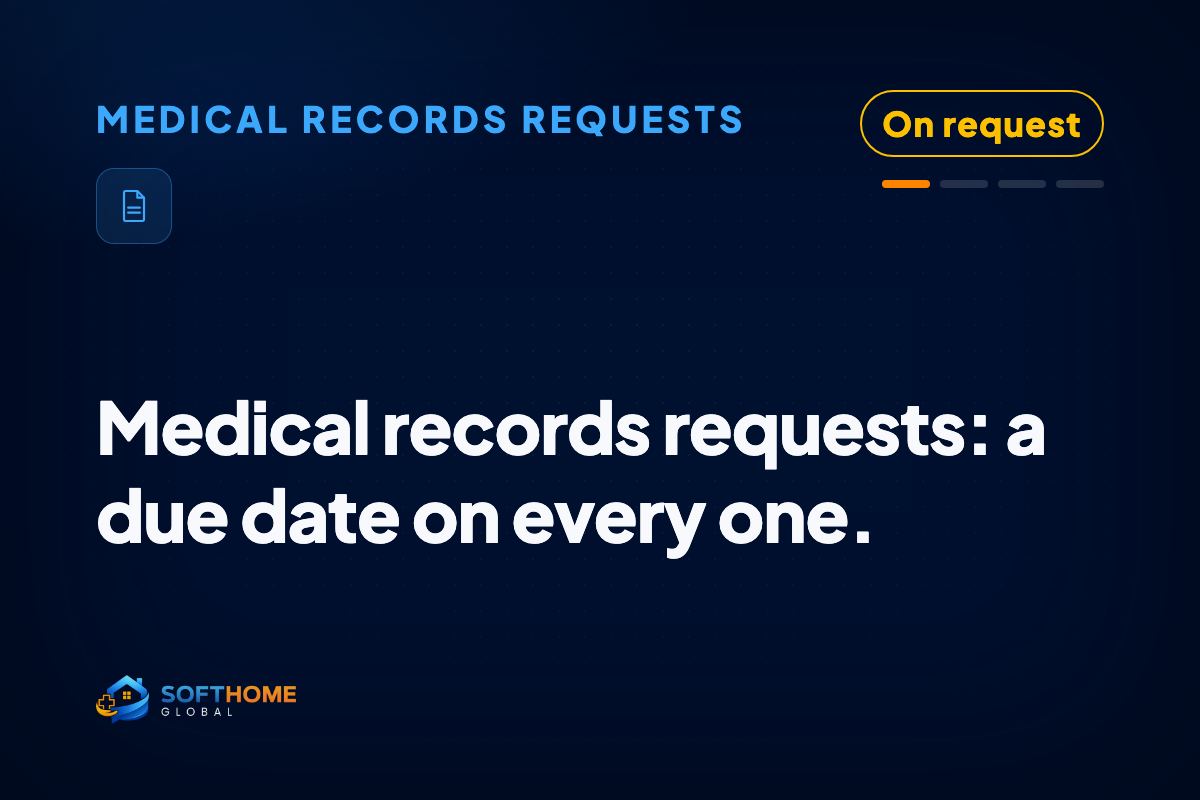 Logs every medical-records request as it arrives with a due date, pulls only what the authorization covers, and confirms delivery (ROI means 'release of information').